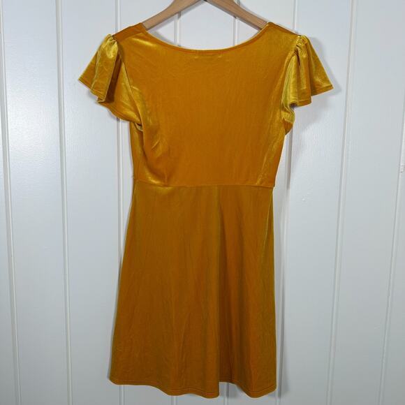 Urban Outfitters Velvet Mini Dress Small Yellow Flutter Sleeve Empire Waist - Picture 5 of 8